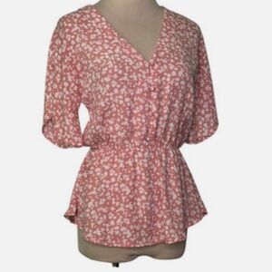 Sienna Sky XS Coral Pink Floral V-Neck Peplum Elastic Waist Blouse